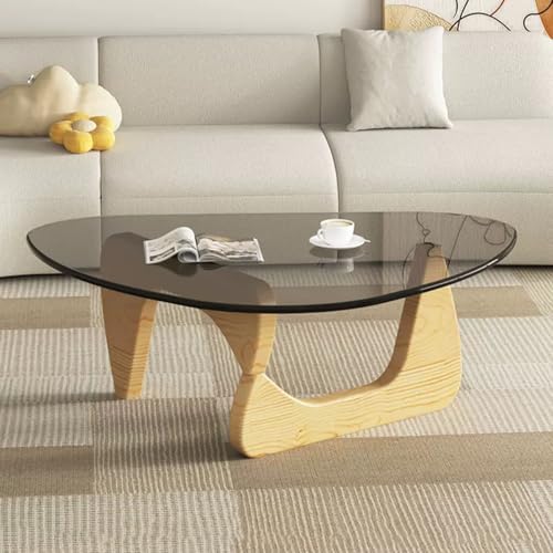 Baodiale Unregelmäßiger dreieckiger Couchtisch aus Glas Mid-Century Modern Dreieck mit Holzsockel Grau von Baodiale