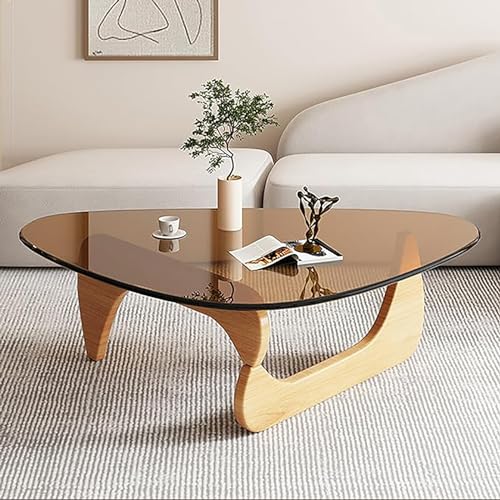 Baodiale Unregelmäßiger dreieckiger Couchtisch aus Glas Mid-Century Modern Premium-Dreiecksplatte Massivholzbasis Vintage für Wohnzimmer abstrakt Zuhause Terrasse Büro Mitteltisch von Baodiale