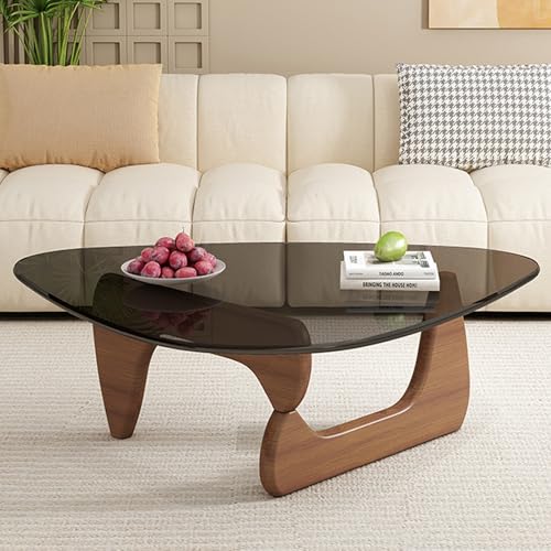 Baodiale Unregelmäßiger dreieckiger Couchtisch aus Glas Mitteltische für das Wohnzimmer Mid-Century Modern Holzsockel und durchsichtige Platte klein von Baodiale