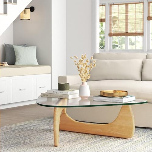 Baodiale Unregelmäßiger dreieckiger Couchtisch aus Glas Moderne Dreiecksplatte aus der Mitte des Jahrhunderts mit Sockel aus Naturholz für das Wohnzimmer von Baodiale