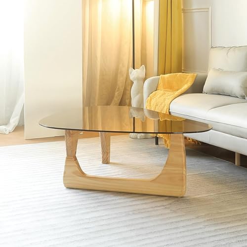 Baodiale Unregelmäßiger dreieckiger Couchtisch aus Glas Moderne dreieckige Platte mit Naturholzsockel für das Wohnzimmer von Baodiale