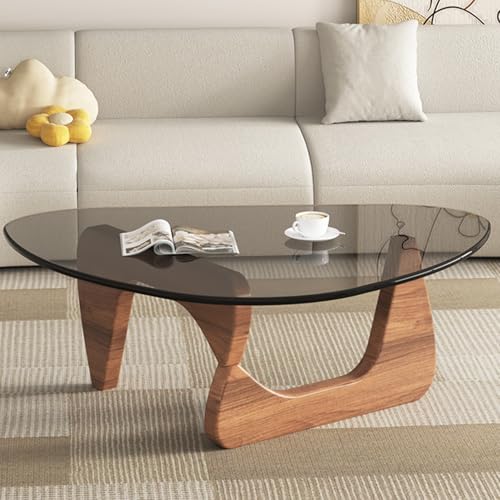Baodiale Unregelmäßiger dreieckiger Couchtisch aus Glas Tische fürs Wohnzimmer kleine Tische Holzsockel und klare Platte Mid-Century Modern Open Space Center von Baodiale