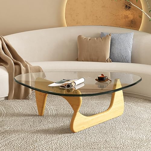 Baodiale Unregelmäßiger dreieckiger Couchtisch aus Glas dreieckige Platte Mid-Century Modern abstraktes Ende mit Holzsockel kleines Zentrum für Wohnzimmer Home Office von Baodiale