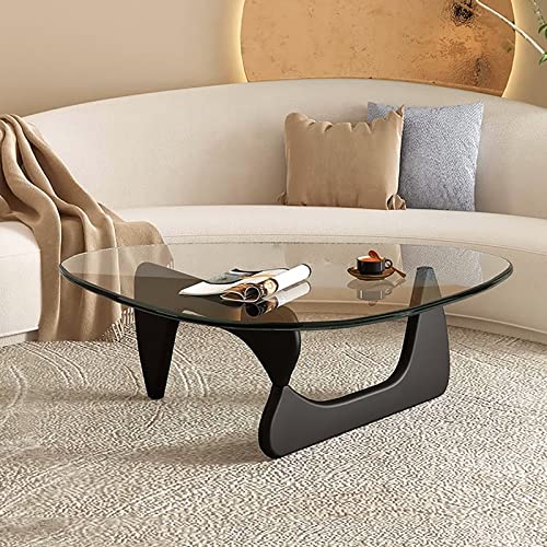 Baodiale Unregelmäßiger dreieckiger Couchtisch aus Glas mit dreieckiger Platte Mid-Century Modern Abstraktes Ende mit Holzsockel Kleines Zentrum für Wohnzimmer Home Office von Baodiale