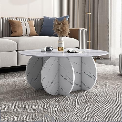 Baodiale Unregelmäßiger dreieckiger Couchtisch aus Glas modern rund mit Platte und Untergestell aus Massivholz weißes Marmor-Finish stilvolles Zentrum für Wohnzimmer oder Terrasse von Baodiale