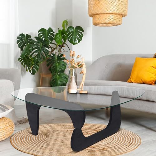 Baodiale Unregelmäßiger dreieckiger Couchtisch aus Glas moderner Wohnzimmertisch mit Holzsockel klein transparent von Baodiale