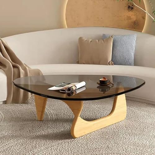 Baodiale Unregelmäßiger dreieckiger Couchtisch aus Glas modernes Dreieck aus der Mitte des Jahrhunderts mit Eichenfuß für Wohnzimmer Arbeitszimmer Büro oder Hotelbalkon Grau von Baodiale