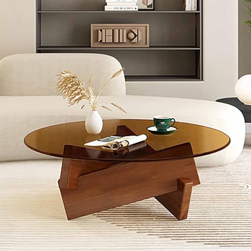 Baodiale Unregelmäßiger dreieckiger Couchtisch aus Glas runde verdickte Platte Cocktailtisch Mid-Century Modern Abstract End mit Holzsockel für Wohnzimmer,D, von Baodiale