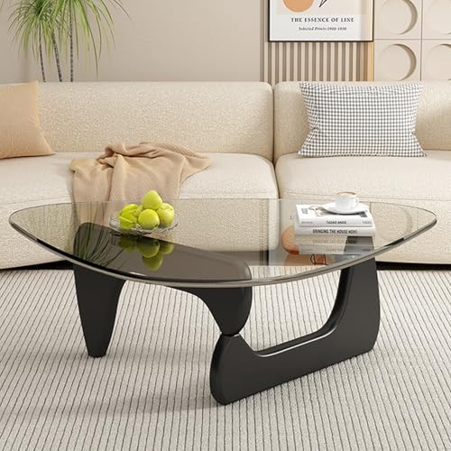 Dreieckiger Couchtisch aus Glas, Vintage-Beistelltisch mit Massivholzsockel, abstrakte Mid-Century-Klarplatte für das Wohnzimmer und das Home Office, Schwarze Beine+b, 36 * 25,5 16 Zoll von Baodiale