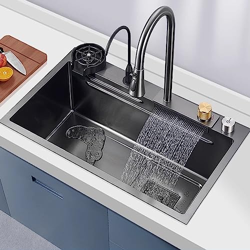 Küchenspüle schwarze Nano-Küchenspüle Raindance-Wasserfallspüle aus Edelstahl 304 Haushaltsspüle Gemüsebecken Einzelarbeitsplatz mit ausziehbarem Wasserhahn Tassenwaschmaschine unter Druck von Baodiale