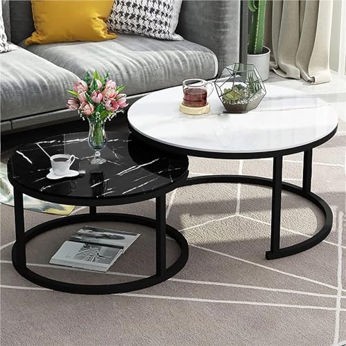 Moderner runder Couchtisch aus Glas, 2er-Set, stapelbare Beistelltische mit Metallrahmen, für Wohnzimmer, Schlafzimmer, Büro oder Balkon, einfache Montage, Farbschema in Weiß und Schwarz von Baodiale