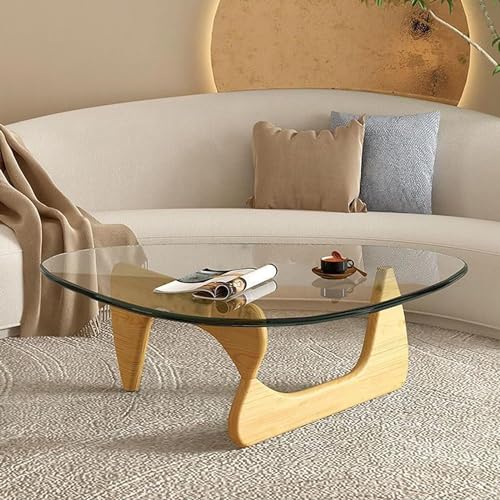 Moderner dreieckiger Couchtisch aus Glas mit transparenter Glasplatte im Stil der Mitte des Jahrhunderts und Beinen aus Massivholz in Blockfarbe Moderner dreieckiger Couchtisch aus Glas mit transparenter Glasplatte im Stil der Mitte des Jahrhunderts und Beinen aus Massivholz in Blockfarbe von Baodiale