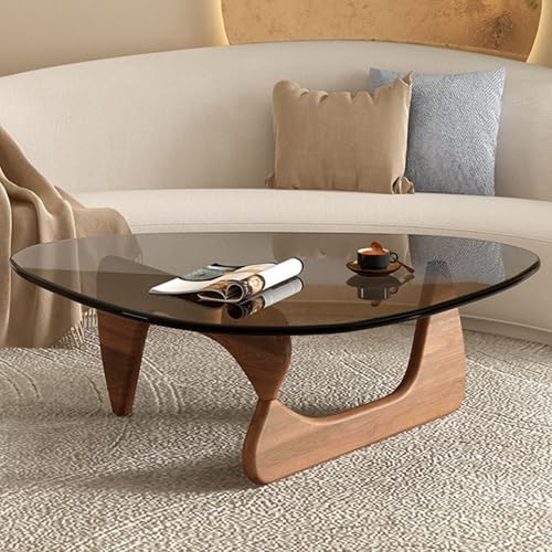 Unregelmäßiger dreieckiger Couchtisch aus Glas Dreieckstisch Mitte mit Beinen aus Massivholz Mid Century Tea End Cocktail 8 mm gehärtete Platte von Baodiale