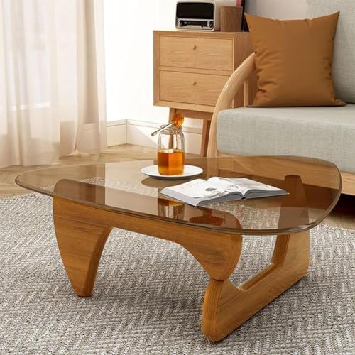 Unregelmäßiger dreieckiger Couchtisch aus Glas Mid-Century Modern Tisch Dreiecktische für Wohnzimmer Basis aus natürlichem Holz, Unregelmäßiger dreieckiger Couchtisch aus Glas Mid-Century Modern Tisch Dreiecktische für Wohnzimmer Basis aus natürlichem Holz, von Baodiale