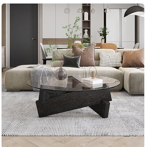 Unregelmäßiger dreieckiger Couchtisch aus Glas Mid-Century Modern kleine runde Mitte mit Beinen aus Massivholz und transparenter Platte für zeitgenössisches Wohnzimmerdekor von Baodiale