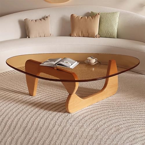 Unregelmäßiger dreieckiger Couchtisch aus Glas für das Wohnzimmer Mid-Century-Dreieck modern mit Holzsockel Bauernhaus kleine stilvolle Designmöbel Home Office von Baodiale