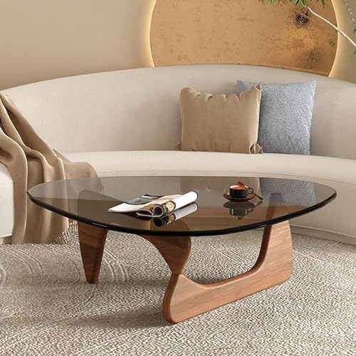 Unregelmäßiger dreieckiger Couchtisch aus Glas modern mit Beinen aus massivem Walnussholz Design im Stil der Mitte des Jahrhunderts Unregelmäßiger dreieckiger Couchtisch aus Glas modern mit Beinen aus massivem Walnussholz Design im Stil der Mitte des Jahrhunderts von Baodiale