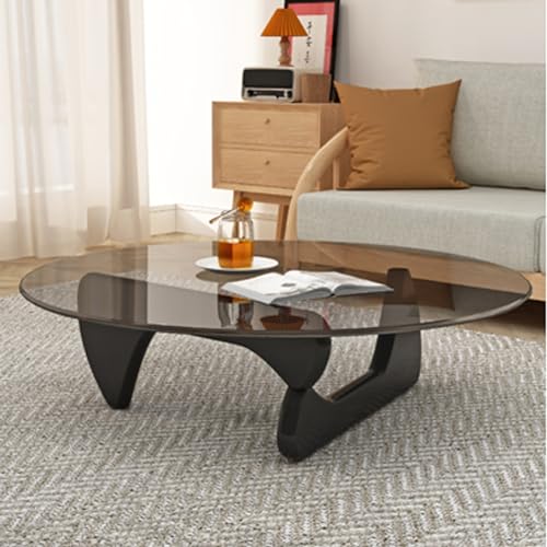 Unregelmäßiger dreieckiger Couchtisch aus Glas modern rund mit Stauraum Mittelpunkt für Wohnzimmer Rezeption oder Büro transparente Platte Basis aus Massivholz von Baodiale