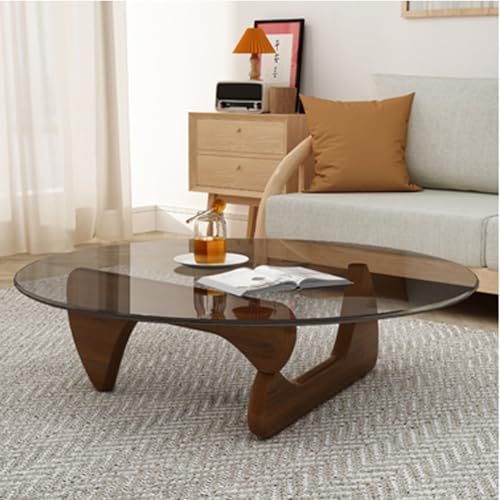 Unregelmäßiger dreieckiger Couchtisch aus Glas modern rund mit Stauraum Schlichter und stilvoller Mittelpunkt für Wohnzimmer Rezeption oder Büro transparente Platte Basis aus Massivholz von Baodiale