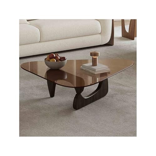 Unregelmäßiger dreieckiger Couchtisch aus Glas moderner niedriger Teetisch mit gehärteter Platte abgerundeten Ecken und Beinen aus Massivholz ideal für Wohnzimmer und Schlafzimmer von Baodiale