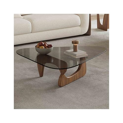 Unregelmäßiger dreieckiger Couchtisch aus Glas moderner niedriger Teetisch mit gehärteter Platte und Beinen aus Massivholz geeignet für Wohnzimmer und Schlafzimmer Grau-Nussbaum groß von Baodiale
