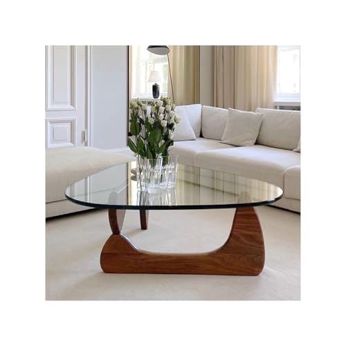 Unregelmäßiger dreieckiger Couchtisch aus Glas moderner niedriger Teetisch mit gehärteter Platte und Beinen aus Massivholz geeignet für Wohnzimmer und Schlafzimmer von Baodiale