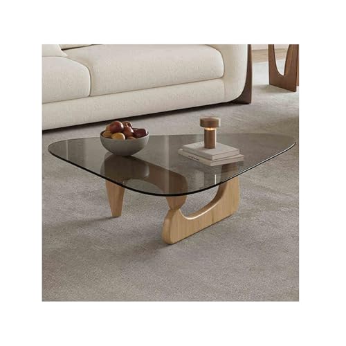 Unregelmäßiger dreieckiger Couchtisch aus Glas moderner niedriger Teetisch mit gehärteter Platte und abgerundeten Ecken Beinen aus Massivholz für die Einrichtung von Wohnzimmer und Schlafzimmer von Baodiale
