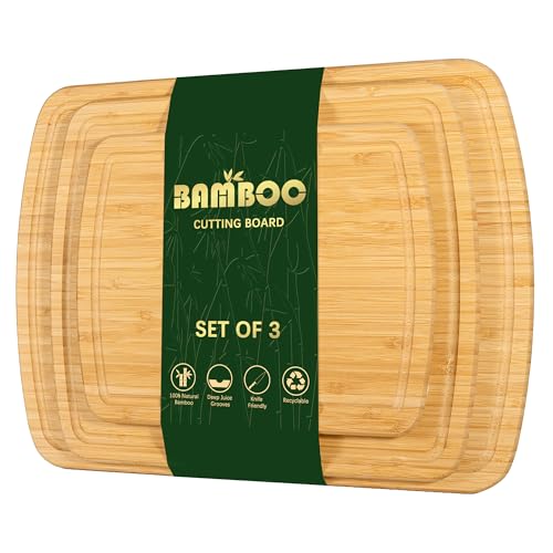 Baoee (45x32 / 37x29 / 30x23 cm) Küche Schneidebrett, Bio Bambus Schneidebrett Set 3, Holz Schneidebretter mit tiefen Saft-Slot, einfach zu greifen Griff von Baoee