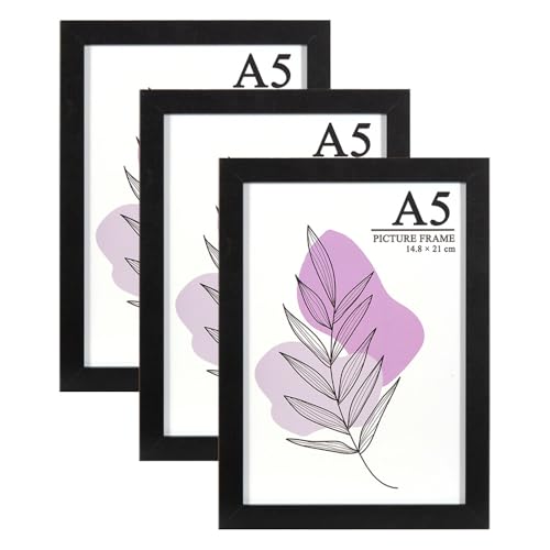 Baoee Bilderrahmen A5 Schwarz, stabiles MDF-Holz Rahmen,3er Set Posterrahmen,bruchsicheres Acrylglas zum Aufhängen für Fotos Bilder & Poster von Baoee