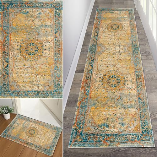 Baoeray Boho Teppich Flur Läufer 60 * 150cm Tribal Waschbar rutschfest Lang Flurläufer Teppich Distressed Küche Teppichläufer Fur Korridor Wohnzimmer Schlafzimmer Anpassbare Größe von Baoeray