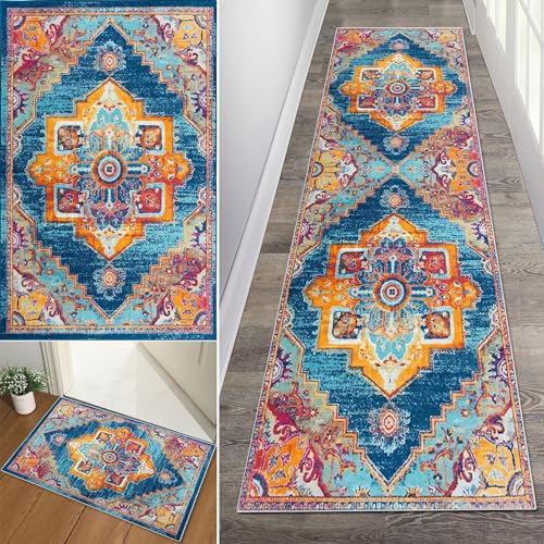 Baoeray Boho Teppich Flur Läufer 80 * 200cm Tribal Waschbar rutschfest Lang Flurläufer Teppich Distressed Küche Teppichläufer Fur Korridor Wohnzimmer Schlafzimmer Anpassbare Größe von Baoeray