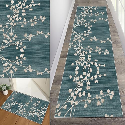 Baoeray Teppich Läufer Flur 50 * 200cm Waschbar rutschfest Küchenteppich Blumenmuster Blau Teppichläufer Lang Flurläufer Fur Korridor Wohnzimmer Schlafzimmer Anpassbare Größe von Baoeray