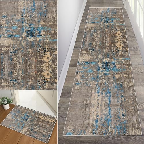 Baoeray Teppich Läufer Flur rutschfest 40 * 160cm Vintage Abstrakt Blau Gelb Küchenteppich Läufer Weich Waschbar Flurteppich Läufer Lang Fur Korridor Wohnzimmer Schlafzimmer Anpassbare Größe von Baoeray