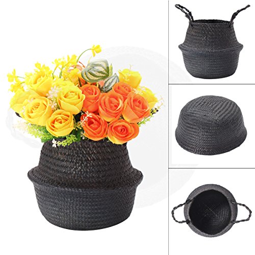 Woven Aufbewahrungskorb mit Griff Blumen Vase zum Aufhängen Korb Tasche Weidenkorb Schwarz 32x28cm von Baogu