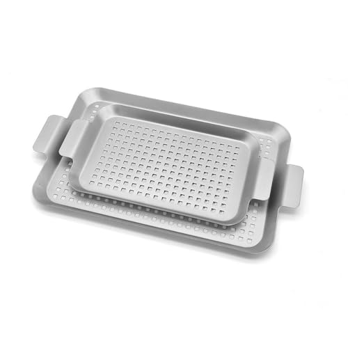 Grillpfanne 2er Set, Grillaufsatz für Outdoor Grill, Edelstahl Bratkorb mit Griffen, Perforierte Grillschale für Smoker Braten, Ofen, BBQ Zubehör (Klein+Groß) von BaokiTook