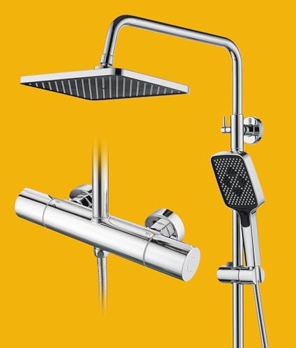 Baollansa Duschsystem mit Thermostat,Duschset Quadratisch Regendusche Duschkopf 88-125cm Duschstange,Duschsäule mit 3 Strahlarten Handbrause,Regendusche mit Armatur 30X20cm Uberkopfbrause(Chrom) von Baollansa