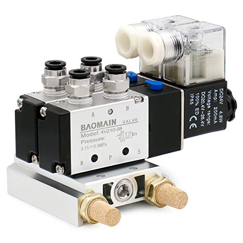 Baomain Pneumatisches 1/4“ Magnetventil 4V210-08 DC 24V 2 Positionen Basis Schnellverschraubungen mit Basis Schalldämpfer Set (2 Position 5 Wegeventil 2 Raum) von Baomain