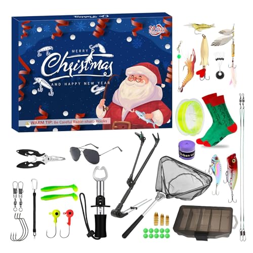 Baoqifong Weihnachtsangeln Kalender | Adventskalender Angeln 24 Tage | Rutenhalter Maulgreifer Köder Für Salz Und Süßwasser | Erwachsene Angler Enthusiasten von Baoqifong