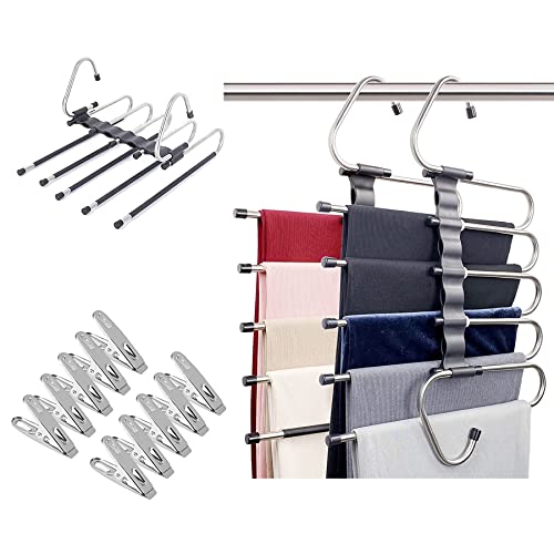 Baoswi Magic Pants Kleiderbügel platzsparend, 2er-Pack für mehrlagige Schränke, multifunktionale Verwendung, Rack-Organizer für Hosen, Schals, locker (2er-Pack mit 10 Metallclips) von Baoswi