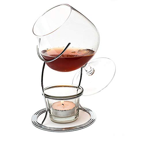 Bar Amigos Brandy & Cognac Snifter Warmer Glas und Ständer Geschenk-Set mit Teelicht-Kerze und Kupferhalter – Premium Trinkset (Silber) von Bar Amigos