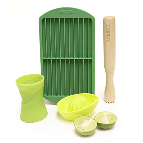 Bar Amigos Mojito Kit Cocktail Set Limetten-Zitruspresse 30/45ml Doppeljigger Stößel aus Eiszerkleinerer Zitronen Stampfer Muddler Silikon Eiswürfelform Für weißen Rum Making Entsafter Jigger Eisform von Bar Amigos