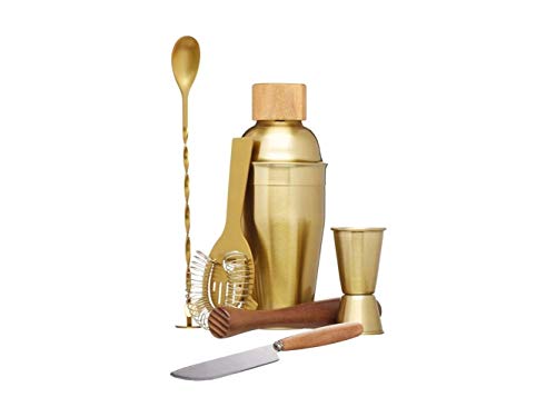 BarCraft Cocktail Set, Professionelles Cocktail Shaker Set aus Messing, 6-teiliges Barkeeper Set mit Messbecher, Messer, Shaker, Löffel, Sieb und Stößel, 12 x 17 x 22 cm, Gold Messing und Holz von Bar Craft