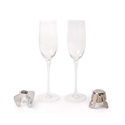 Bar Craft Set mit gerippten Champagnergläsern, 2 handgefertigte Gläser im Geschenkkarton, 200ml + Champagner/Sektöffner, Edelstahl + Sektverschluss, Edelstahl von Bar Craft