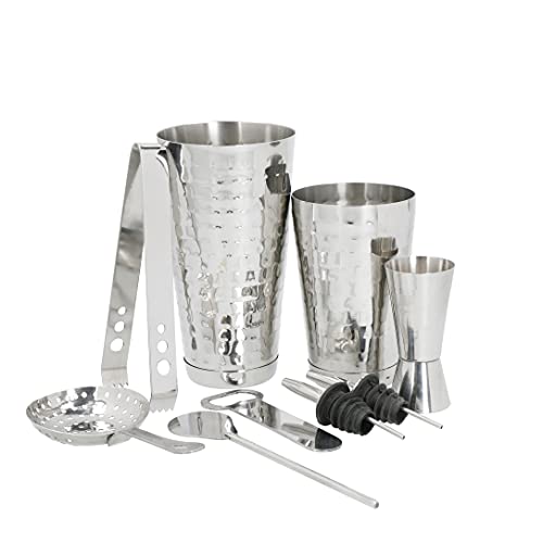 BarCraft 8-teiliges Cocktail Set, Silber, in Geschenkbox, Inklusive Cocktail Shaker, Jigger, Zange, Mischlöffel, Flaschenöffner und 2 Flaschenausgießer, Edelstahl von Bar Craft