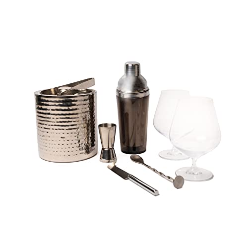 Bundle aus BarCraft Gin-Gläsern, Cocktail-Shaker, Muddler-Löffel, doppeltem Barmaß, Barmesser und Rezepten + Edelstahleiskübel mit Deckel und Zange, 1,5 Liter (2,5 Pints) - Hammered Finish von Bar Craft