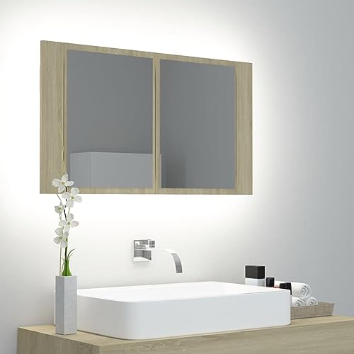 BaraSh LED-Bad-Spiegelschrank Sonoma-Eiche 80x12x45 cm Spiegelschrank Bad Mit Beleuchtung Badezimmer Spiegelschrank Badezimmerspiegel Schrank Acryl 804967 von BaraSh
