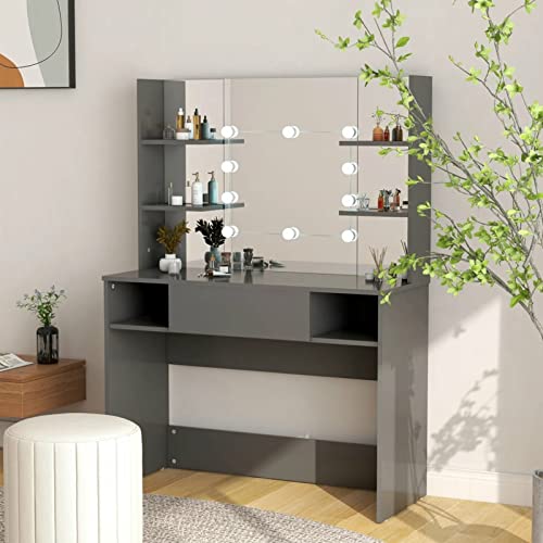 BaraSh Schminktisch mit LED-Beleuchtung 100x40x135 cm Schreibtisch Organizer Schminke Makeup Table Schminktisch Mit Beleuchtung MDF Grau von BaraSh