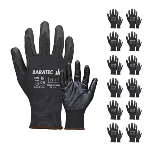 Baratec Arbeitshandschuhe schwarz PU 12 Paar Uni Sicherheit Schutz Gartenarbeit PPE-Griff Bau Lager DIY EN388 zertifiziert Polyester Futter Größe XXL von Baratec