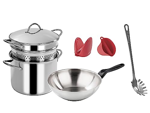 Set 7 pieces Pasta Mania, made by: Pasta pot, Skimmer and Stainless steel Lid, Wok in Stainless Steel ⌀28cm, Servi spaghetti and 2 kitchen Potholders von Barazzoni