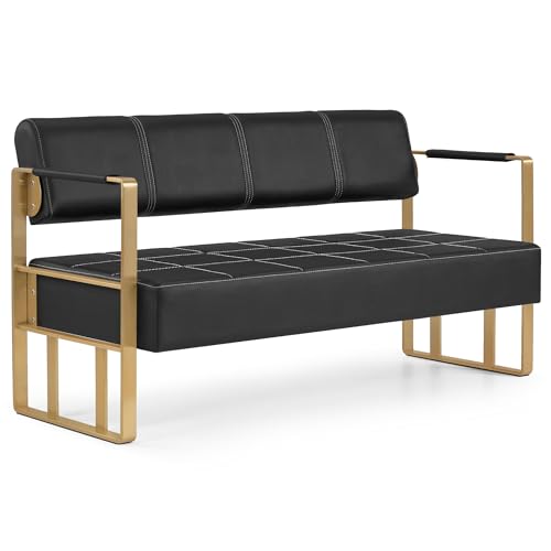 Barberpub 3-Sitzer Sitzbank mit goldenen Armlehne, Polsterbank mit Rückenlehne 140cm, Wartebank Friseur, Wohnzimmerbank, Friseureinrichtung W528 (Schwarz-Gold/Kunstleder) von Barberpub